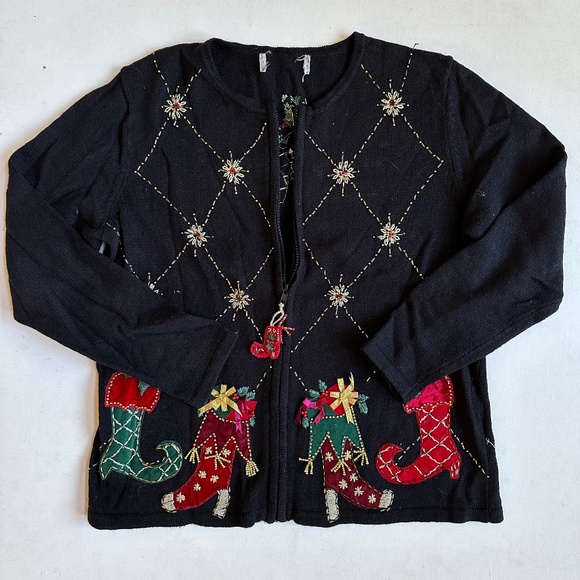 Vintage Sweaters - Vintage Christmas Stocking Boot Beaded Cardigan Sweater